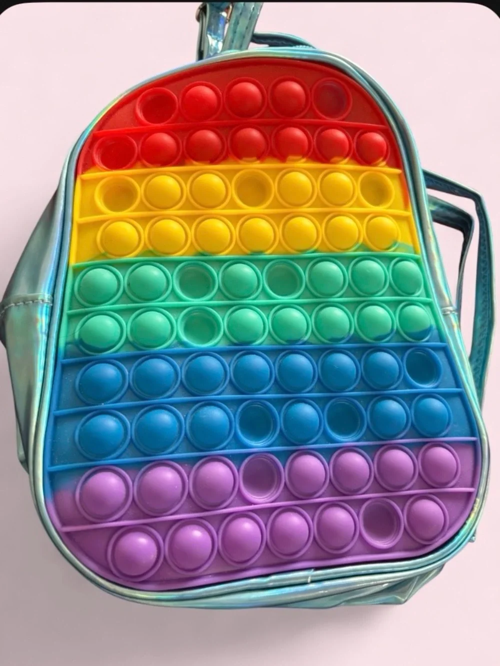 Mini Iridescent Rainbow Pop It Backpack, Zip Closure, Adjustable Strap